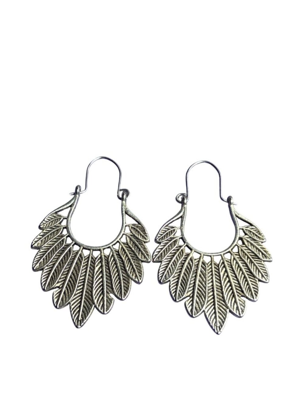 Silvertone Feather Hoop Earrings 1.5 inches